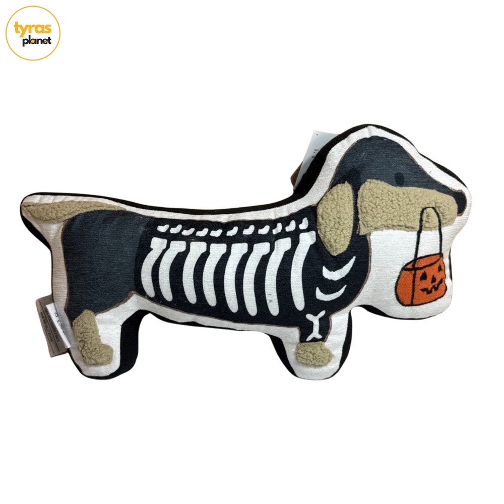 Hallow’s Eve Dachshund Halloween Skeleton Pillow Linen Look & Sherpa Trim NWT